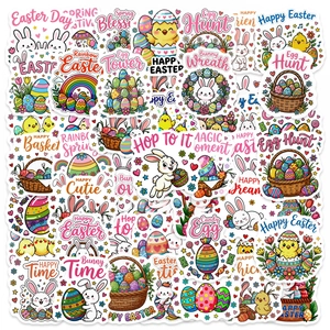 Close-up of Easter rabbit and egg stickers with Happy Easter and Egg Hunt text