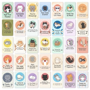 Detailed grid view of 35 unique cartoon cat thank you cards in soft pastel colors