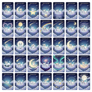 Set of 35 dreamy cat-themed aesthetic cards with starry night and cosmic illustrations