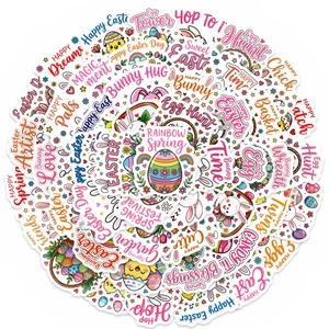 Pile of colorful Easter bunny and egg stickers with vibrant cartoon designs