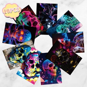 Set mit 10 künstlerischen Totenkopf-Postkarten mit Cyberpunk- und Neon-Graffiti-Motiven