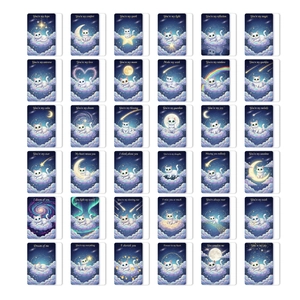 Detailed 6x6 matrix layout of 36 dreamy star sky cat postcards with romantic quotes