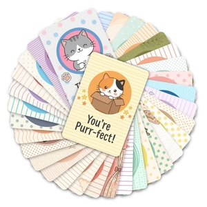 Detailed fan layout of assorted cute cartoon cat greeting cards with You Are Purr-fect text