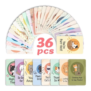 Set of 36 cute cartoon cat pun thank you cards in colorful pastel minimalist designs