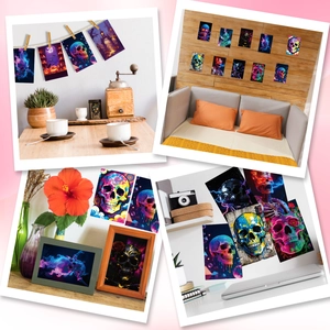 Skull Wandposter in vier verschiedenen Wohnräumen für stilvolle Dekoration und Design