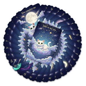 Artistic circular layout of cat-themed cards with starry sky and dreamlike quotes