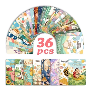 Close-up of 36 colorful cartoon animal birthday cards with rounded corners