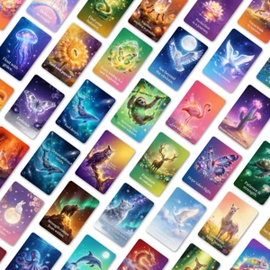 36 Fantasy Animal Quote Cards set with vibrant fluorescent art and inspiring phrases