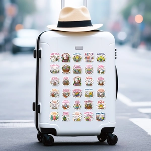 Easter bunny and egg stickers applied to a white suitcase for festive decoration