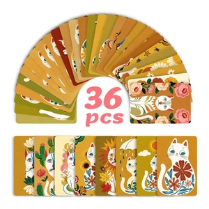 Macro shot of 36-piece set of bohemian abstract cat art cards with warm retro tones