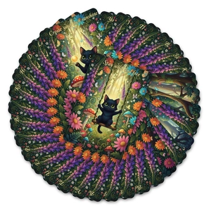 Détail des cartes de chat noir de forêt avec motifs floraux et citations zen