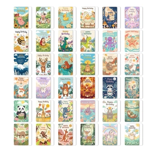 Collection of 36 creative cartoon animal birthday cards with various cute illustrations