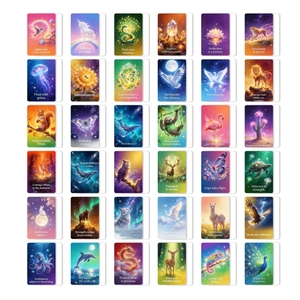 Macro view of 36 fantasy animal affirmation cards with vibrant illustrations and quotes