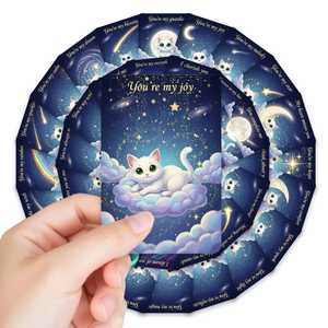 Dreamy starry sky cat quote cards featuring cute white cats and nebula space designs