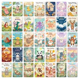 Set of 35 diverse cartoon animal birthday cards with vibrant Happy Birthday illustrations