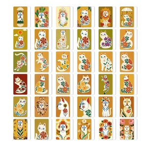 Set of 36 Bohemian cat art illustration cards with floral and celestial motifs