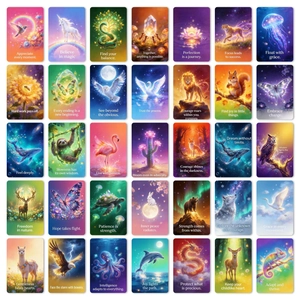 Macro display of 36 fantasy animal oracle cards with inspirational quotes for wall decor