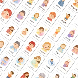 Macro display of kids emotion flashcards featuring watercolor style mood labels