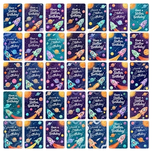 Space Rocket Birthday Greeting Cards Set Cartoon Astronaut Animal Stellar Birthday Cards Hand-Drawn Galaxy Stars Postcards For Kids Party Decorations