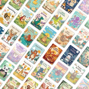 36-pack cartoon animal happy birthday cards set featuring diverse hand-drawn illustrations