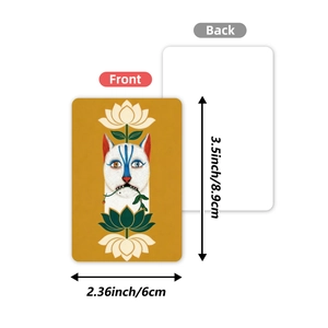 Bohemian abstract cat art card set with stylized illustration and size dimensions