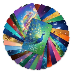 Macro shot of mystical animal oracle cards with peacock illustration and positive quotes