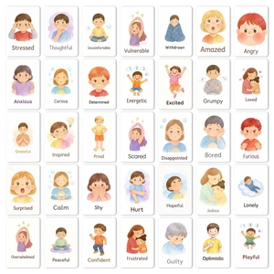 Educational children's emotion recognition card set with 35 unique watercolor faces