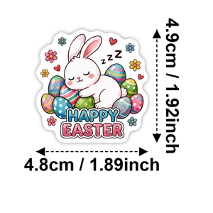 Macro detail of Easter bunny sticker showing 4.9cm size dimensions and cute design