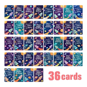 Set of 36 space themed children's birthday cards featuring rockets and astronauts