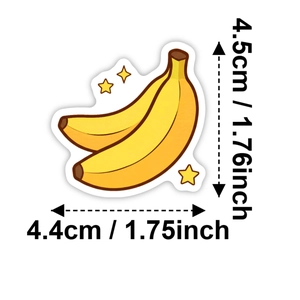 Dimensions détaillées d'un autocollant banane de dessin animé avec des étoiles jaunes