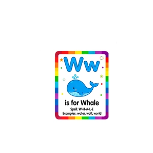 Educational alphabet flashcard for kids featuring the letter W with a blue whale illustration