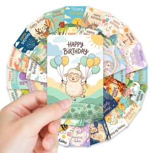 Close-up of animal-themed Happy Birthday gift cards with colorful hand-drawn illustrations