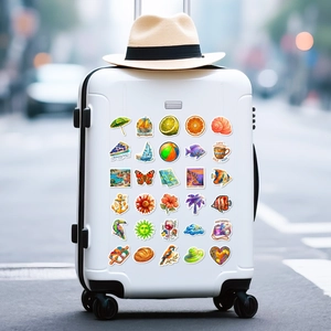 Waterproof Mediterranean summer stickers featuring fruit and shells on a white suitcase