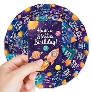 Outer space rocket birthday card set with stellar planetary themes and star patterns