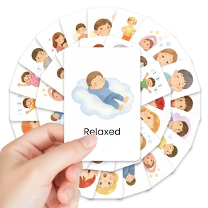 Educational emotion flashcards for kids featuring relaxed boy illustration and rounded corners