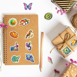 Flat lay of Mediterranean summer aesthetic stickers for journals and gift wrapping
