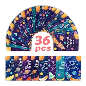 36-piece set of space rocket birthday cards with planets and astronaut patterns