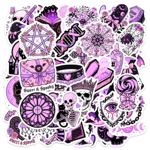 50pcs purple pastel goth stickers featuring skulls and black cats for scrapbooking