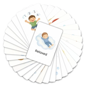 Detailed close-up of watercolor emotion flashcards with safe rounded edges for kids