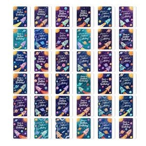 6x6 grid of 36 space-themed birthday cards with rockets and astronauts designs