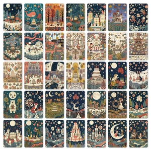 A 5x7 grid of 35 vintage fairy tale illustration cards with rounded corners and warm scenes