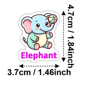 Dettaglio adesivo con elefante carino che mostra dimensioni precise e colori pastello
