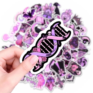 50pcs gothic purple aesthetic stickers with DNA skull and bat designs for planners