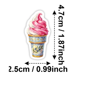 Detail showing dimensions of an ice cream sticker, 4.7cm height and 2.5cm width
