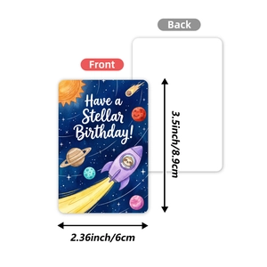36-piece set of space rocket birthday cards for kids featuring hand-drawn galaxy illustrations