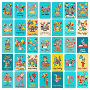 Macro view of 35 diverse vintage cartoon birthday cards featuring colorful party illustrations