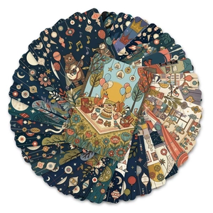 Close-up of vintage fairytale illustration cards arranged in a creative circular fan pattern
