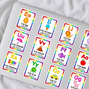 Set of colorful kids alphabet learning stickers displayed on a laptop for home education