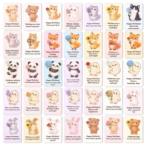 Detalle de 35 tarjetas de cumpleaños de animales en acuarela con juegos de palabras lindos