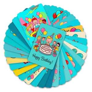 Set of 36 colorful Happy Birthday cards with festive cartoon cake and balloon designs